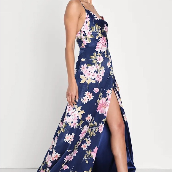 Lulu's Love of Romance Navy Floral Print Satin Cowl Neck Maxi Dress - Picture 2 of 8